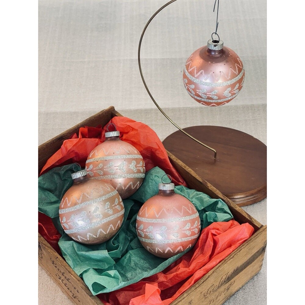 Vintage Shiny Brite Pink Glitter Stenciled Ornaments Lot 4 Mercury Glass USA